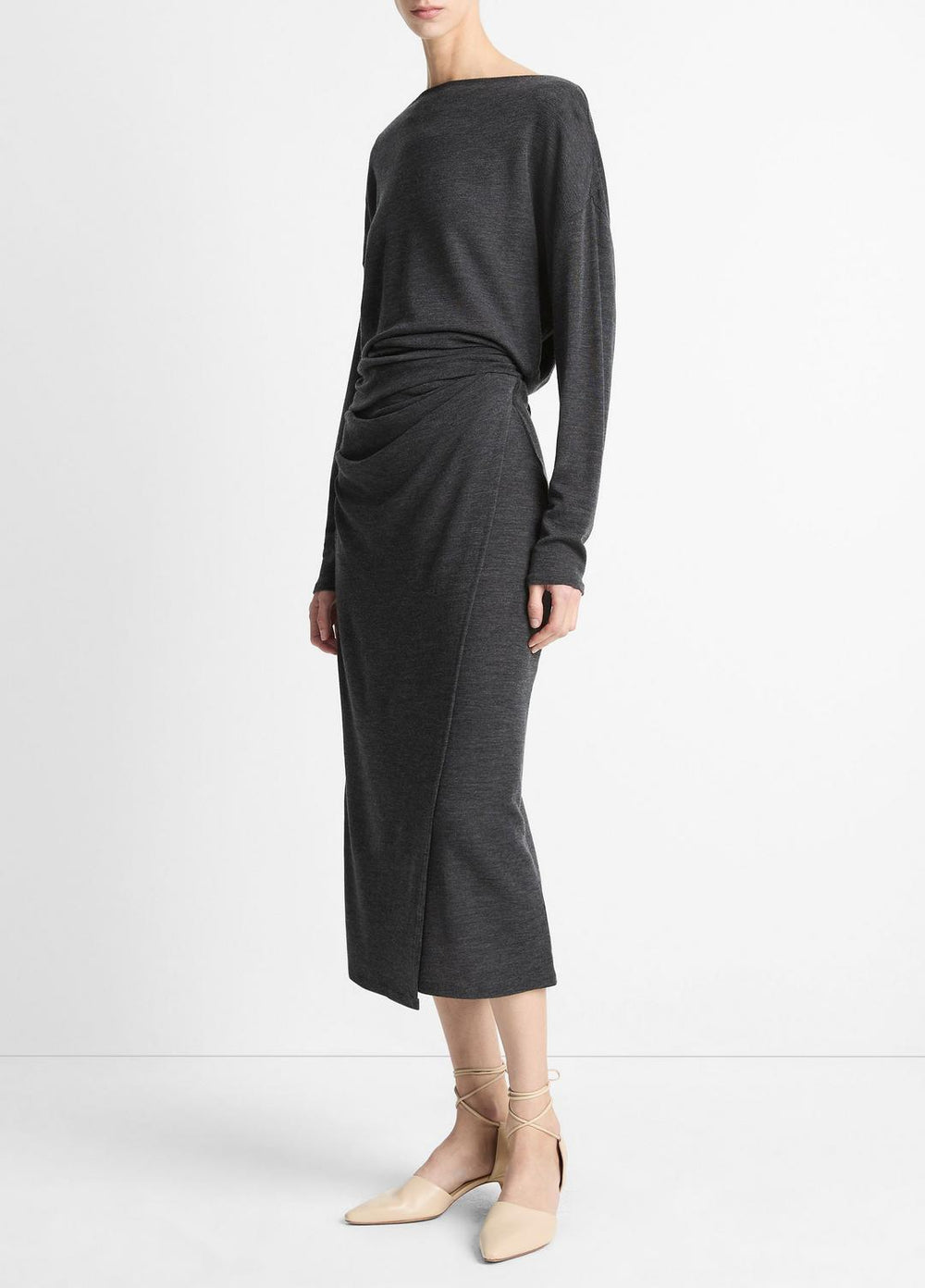 VINCE | Draped-Waist Wool-Blend Midi Skirt in Skirts - DARK HEATHER GREY