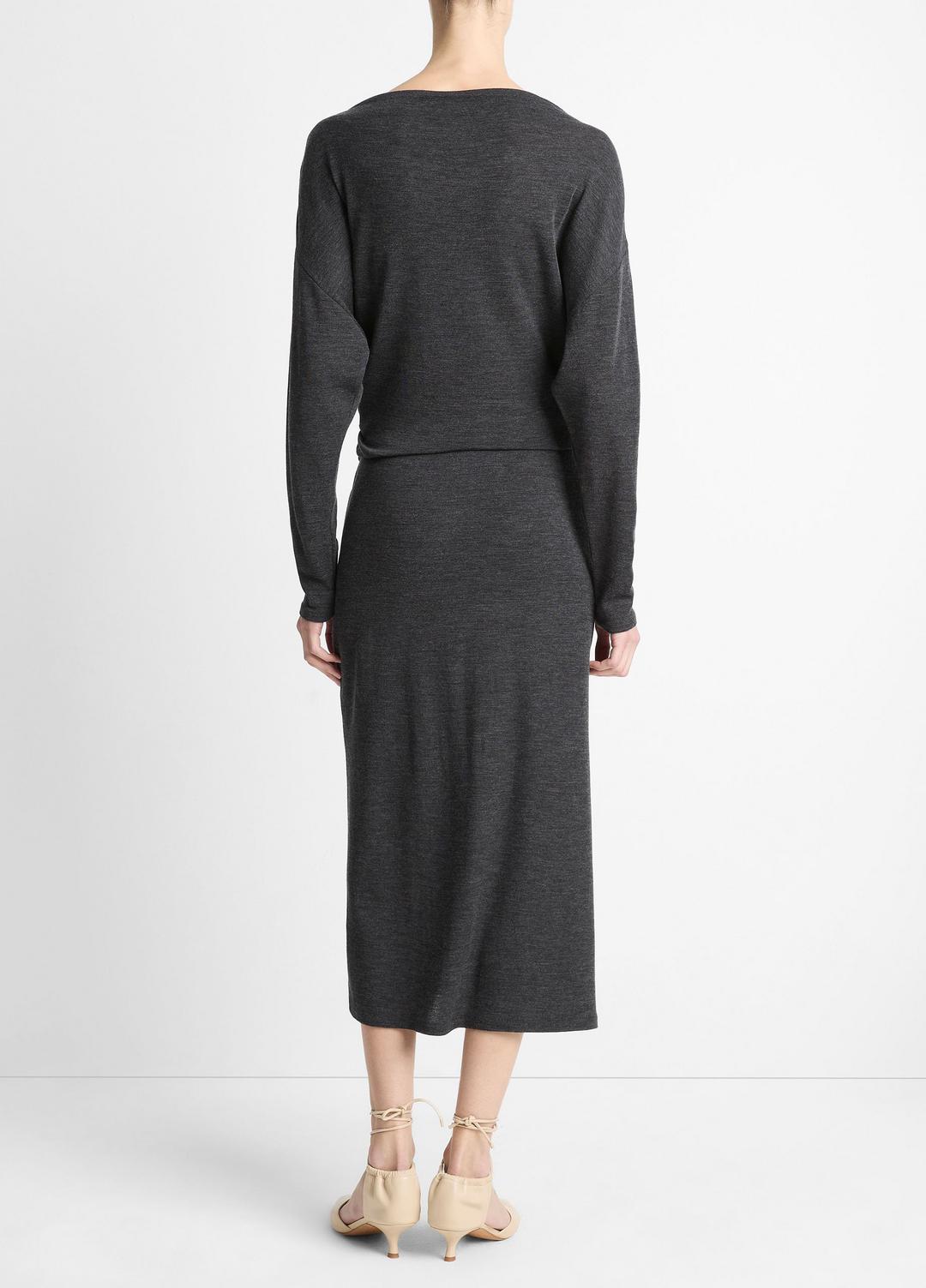 VINCE | Draped-Waist Wool-Blend Midi Skirt in Skirts - DARK HEATHER GREY