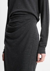 VINCE | Draped-Waist Wool-Blend Midi Skirt in Skirts - DARK HEATHER GREY