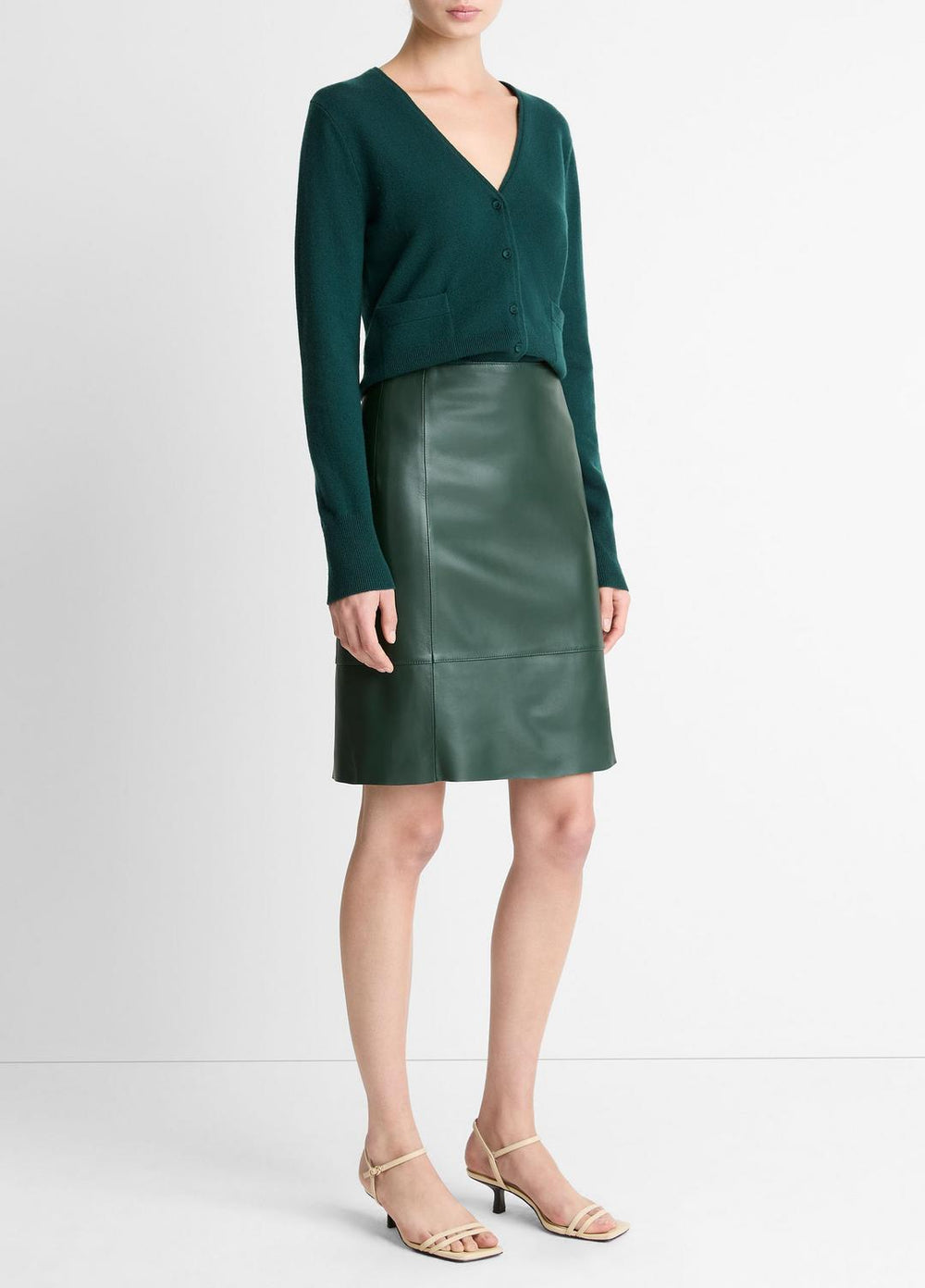 VINCE | Leather Flared Knee Skirt in Skirts - JUNIPER