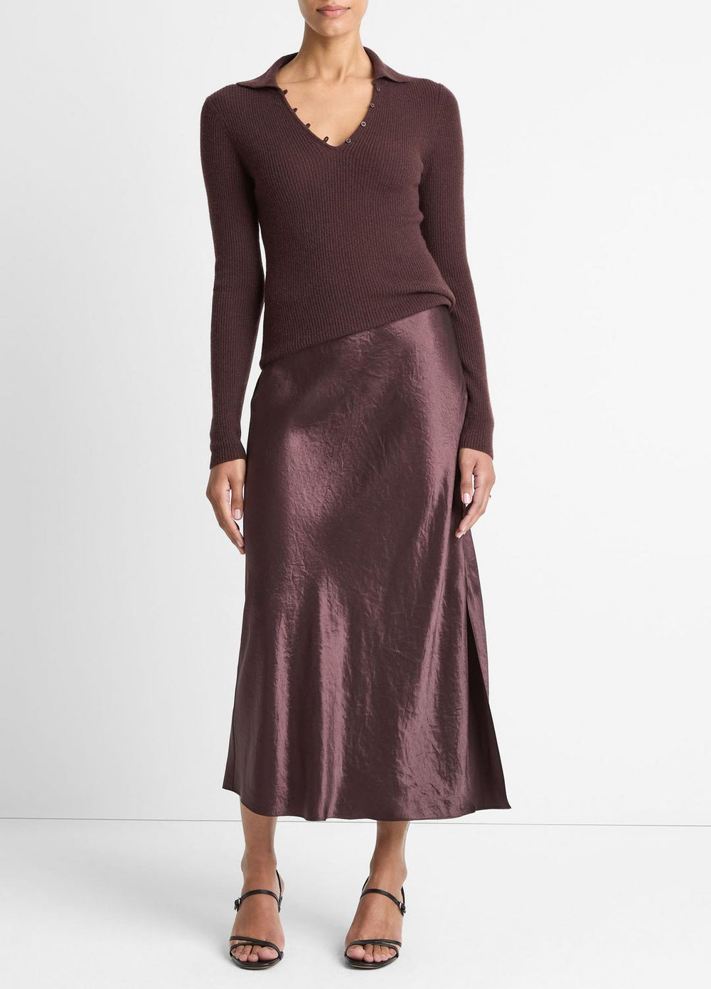 VINCE | Satin Side-Slit Slip Skirt in Skirts - FIG