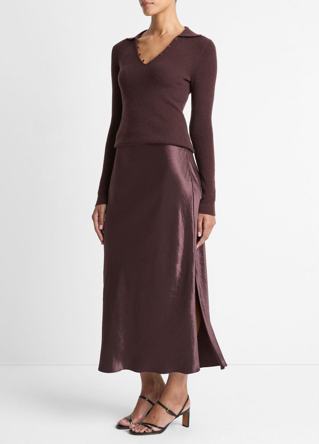 VINCE | Satin Side-Slit Slip Skirt in Skirts - FIG