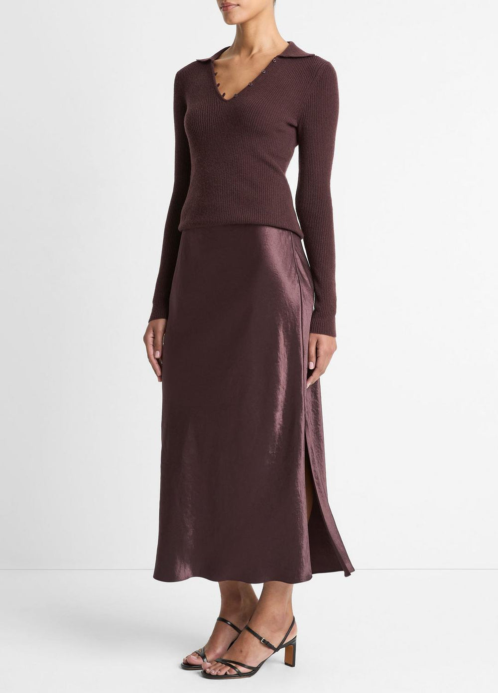 VINCE | Satin Side-Slit Slip Skirt in Skirts - FIG