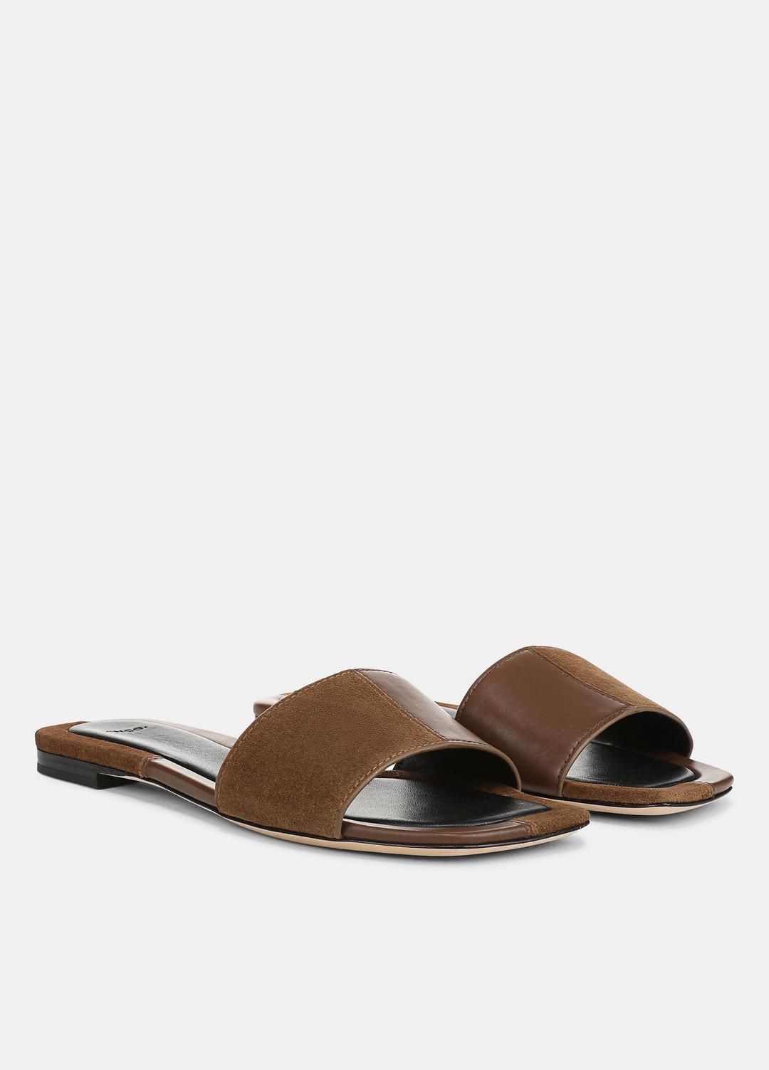 VINCE | Valeria Leather & Suede Slide Sandal in Sandals - CEDAR BROWN/ELMWOOD