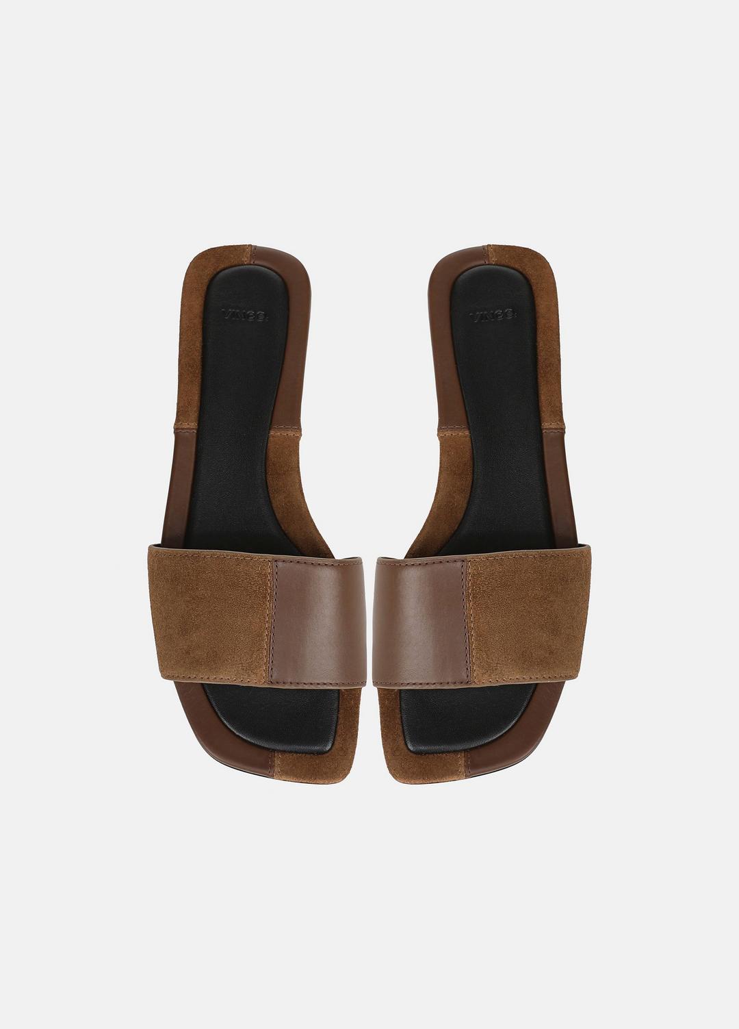 VINCE | Valeria Leather & Suede Slide Sandal in Sandals - CEDAR BROWN/ELMWOOD