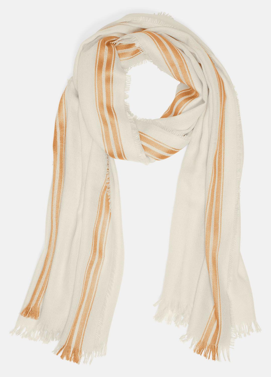 VINCE | Border-Stripe Cashmere-Silk Satin Twill Scarf in Scarves & Hats - SANDBAR