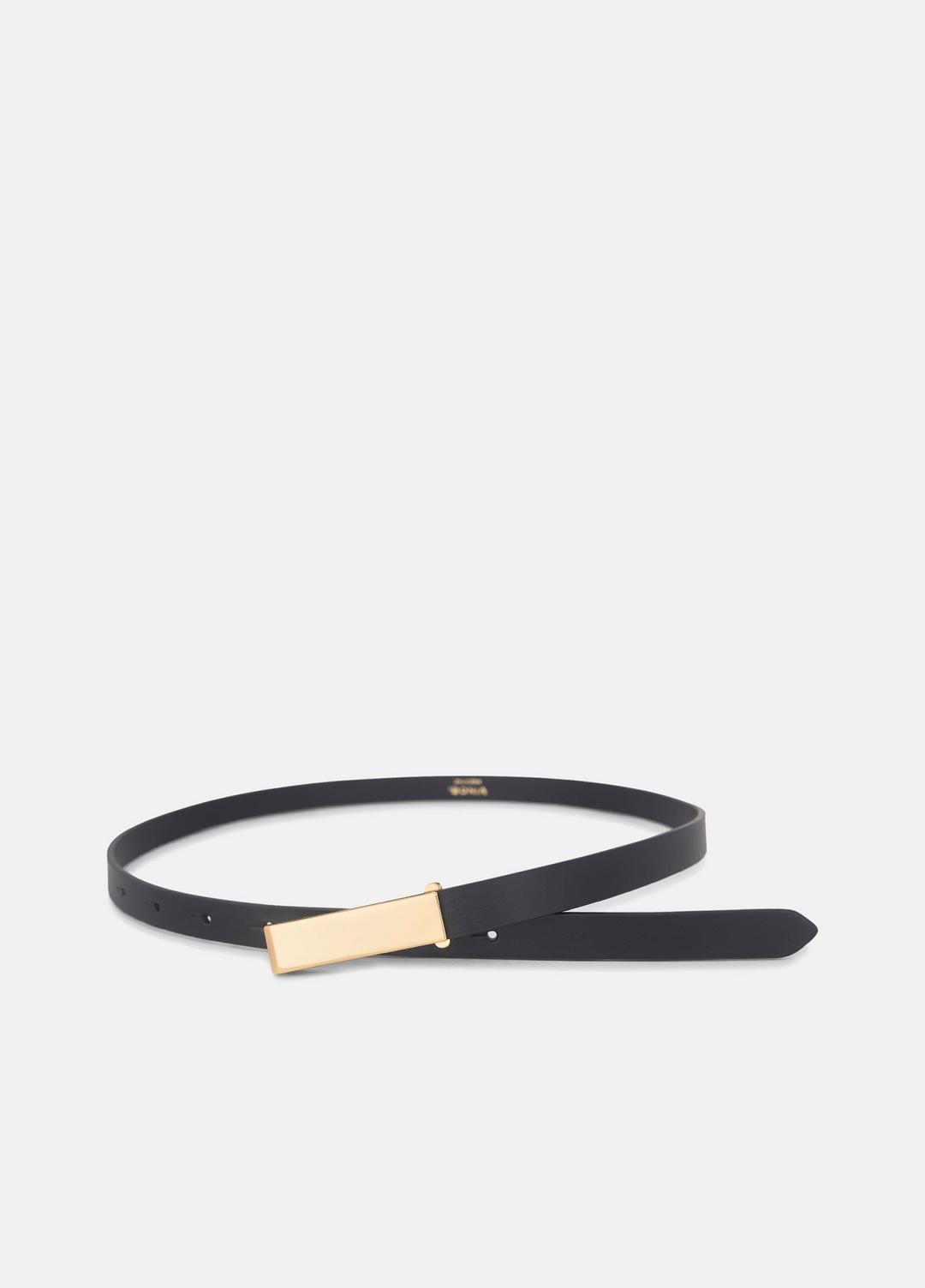 VINCE | Women's 15mm Elongated Plaque Leather Belt in Belts - BLACK/POLISHED GOLD