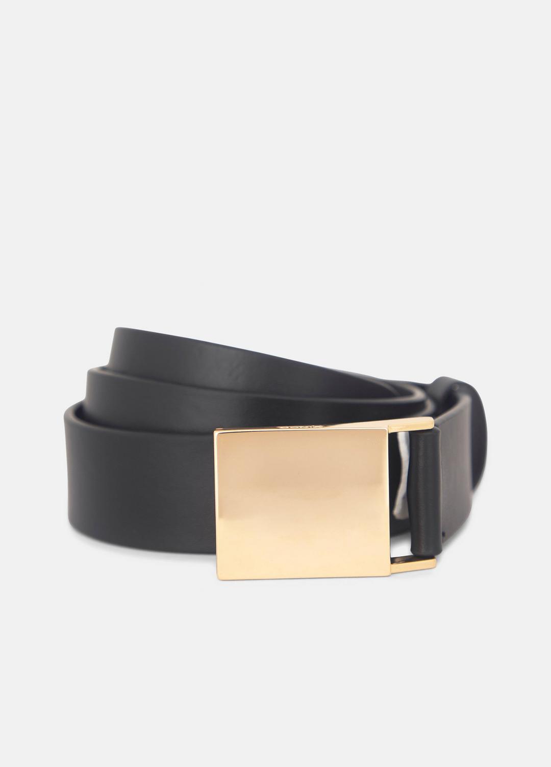 VINCE | Women's 30mm Plaque Leather Belt in Belts - BLACK/POLISHED GOLD