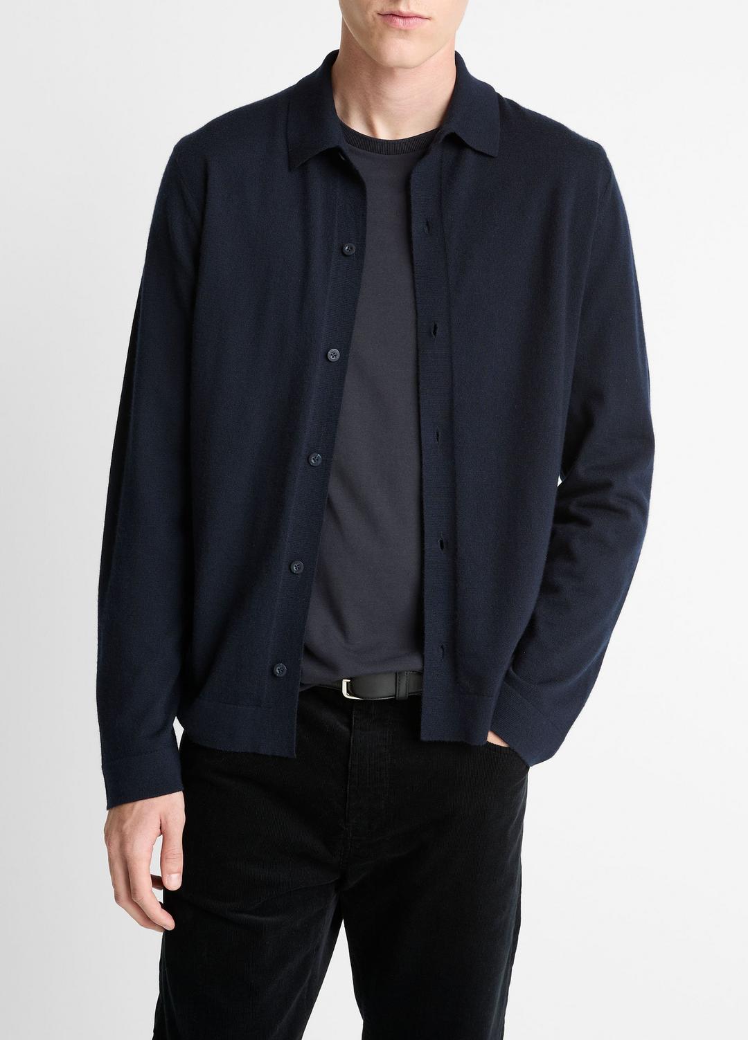 VINCE | Featherweight Merino Wool-Cashmere Sweater Shirt in Long Sleeve - COASTAL BLUE
