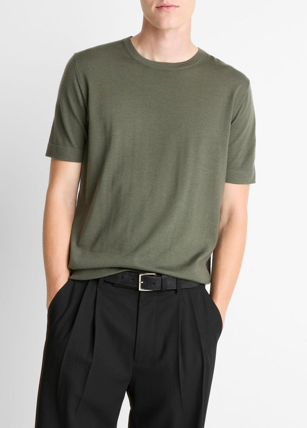 VINCE | Featherweight Merino Wool-Cashmere Short-Sleeve Sweater in Short Sleeve - SYCAMORE