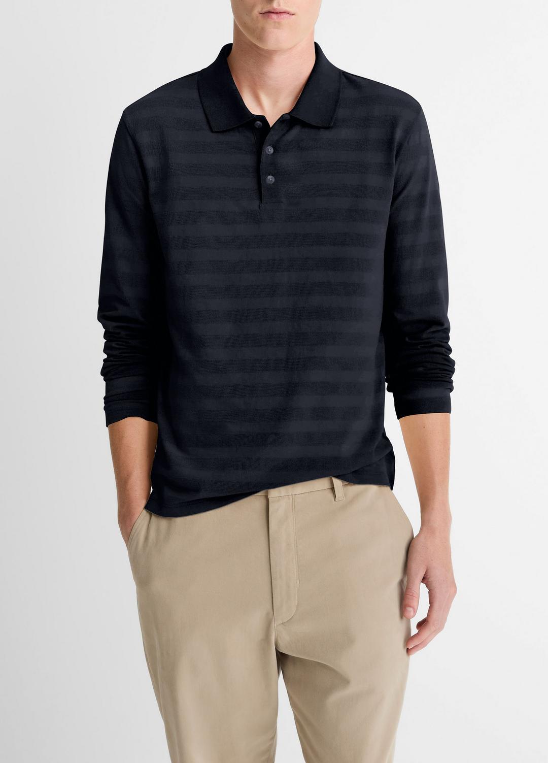 VINCE | Jacquard-Stripe Cotton Long-Sleeve Polo Shirt in Long Sleeve - COASTAL BLUE