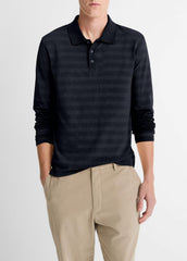 VINCE | Jacquard-Stripe Cotton Long-Sleeve Polo Shirt in Long Sleeve - COASTAL BLUE