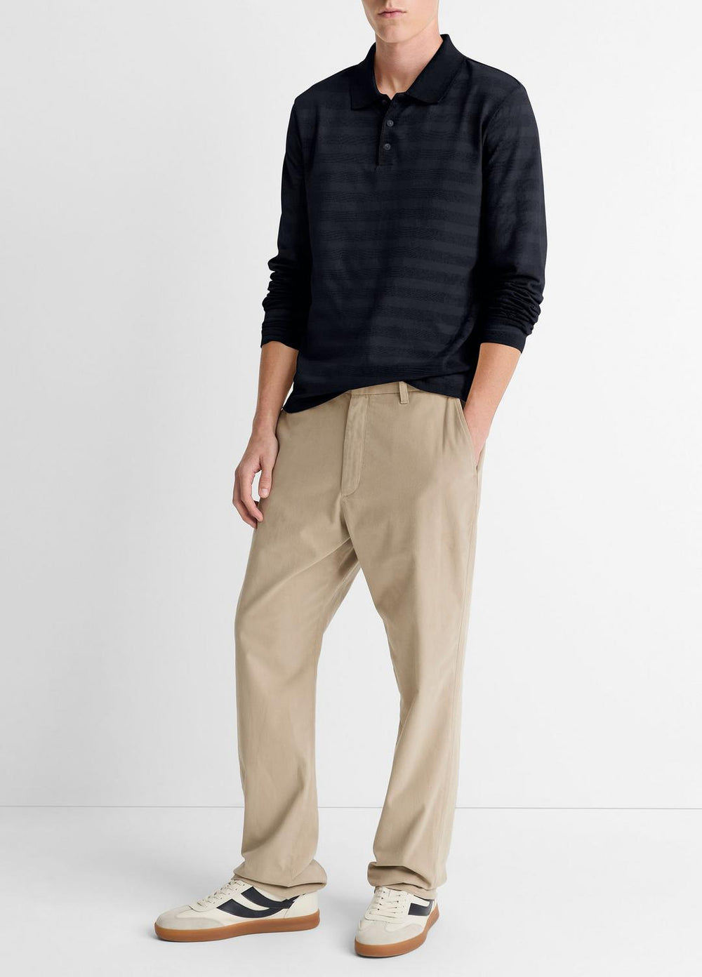VINCE | Jacquard-Stripe Cotton Long-Sleeve Polo Shirt in Long Sleeve - COASTAL BLUE