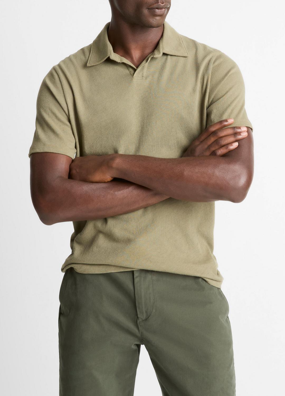 VINCE | Cotton Johnny-Collar Polo Shirt in Henleys & Polos - SAGE