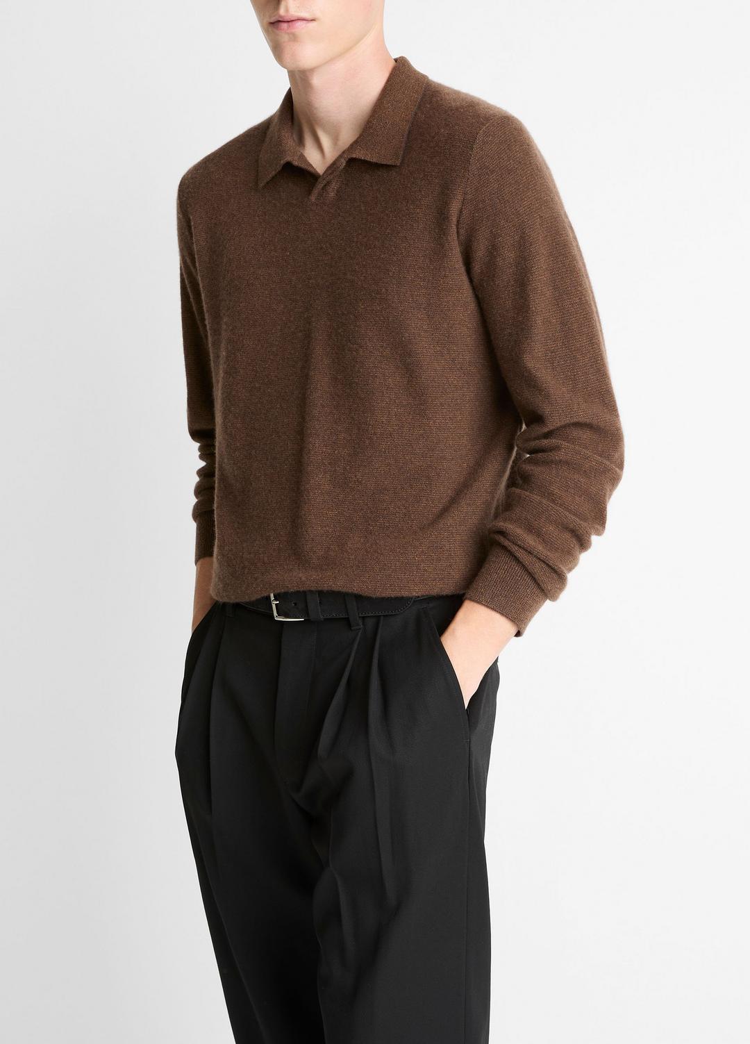 VINCE | Feed Stripe Plush Cashmere Johnny-Collar Sweater in Cashmere - MISSION/DARK HEATHER BEARPAW