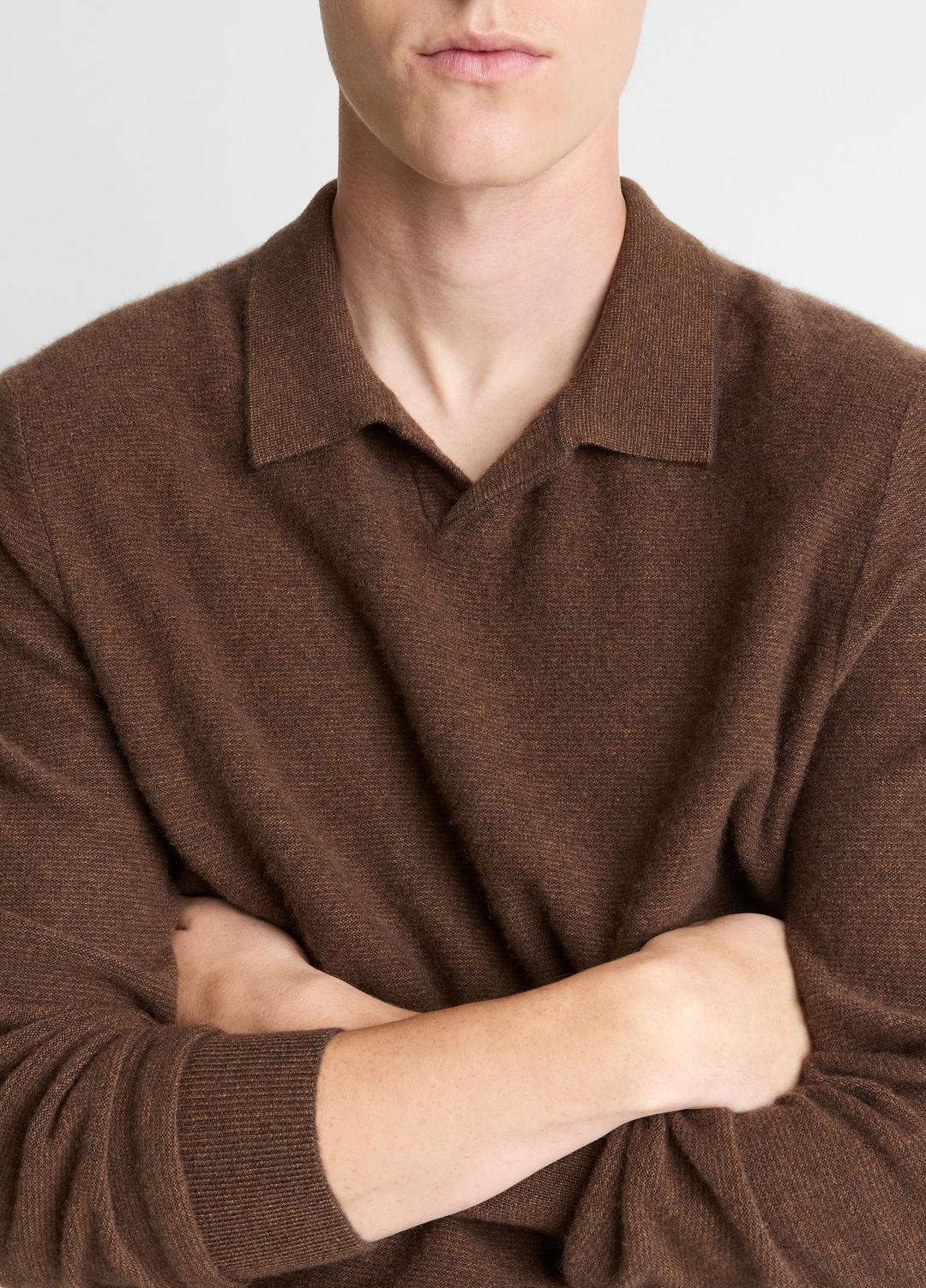 VINCE | Feed Stripe Plush Cashmere Johnny-Collar Sweater in Cashmere - MISSION/DARK HEATHER BEARPAW