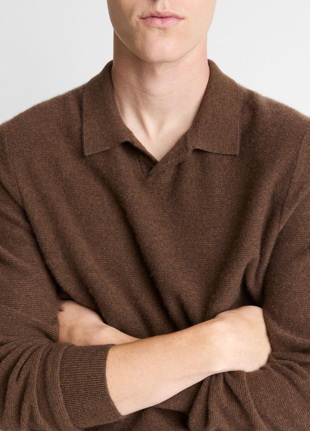 VINCE | Feed Stripe Plush Cashmere Johnny-Collar Sweater in Cashmere - MISSION/DARK HEATHER BEARPAW
