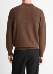VINCE | Feed Stripe Plush Cashmere Johnny-Collar Sweater in Cashmere - MISSION/DARK HEATHER BEARPAW
