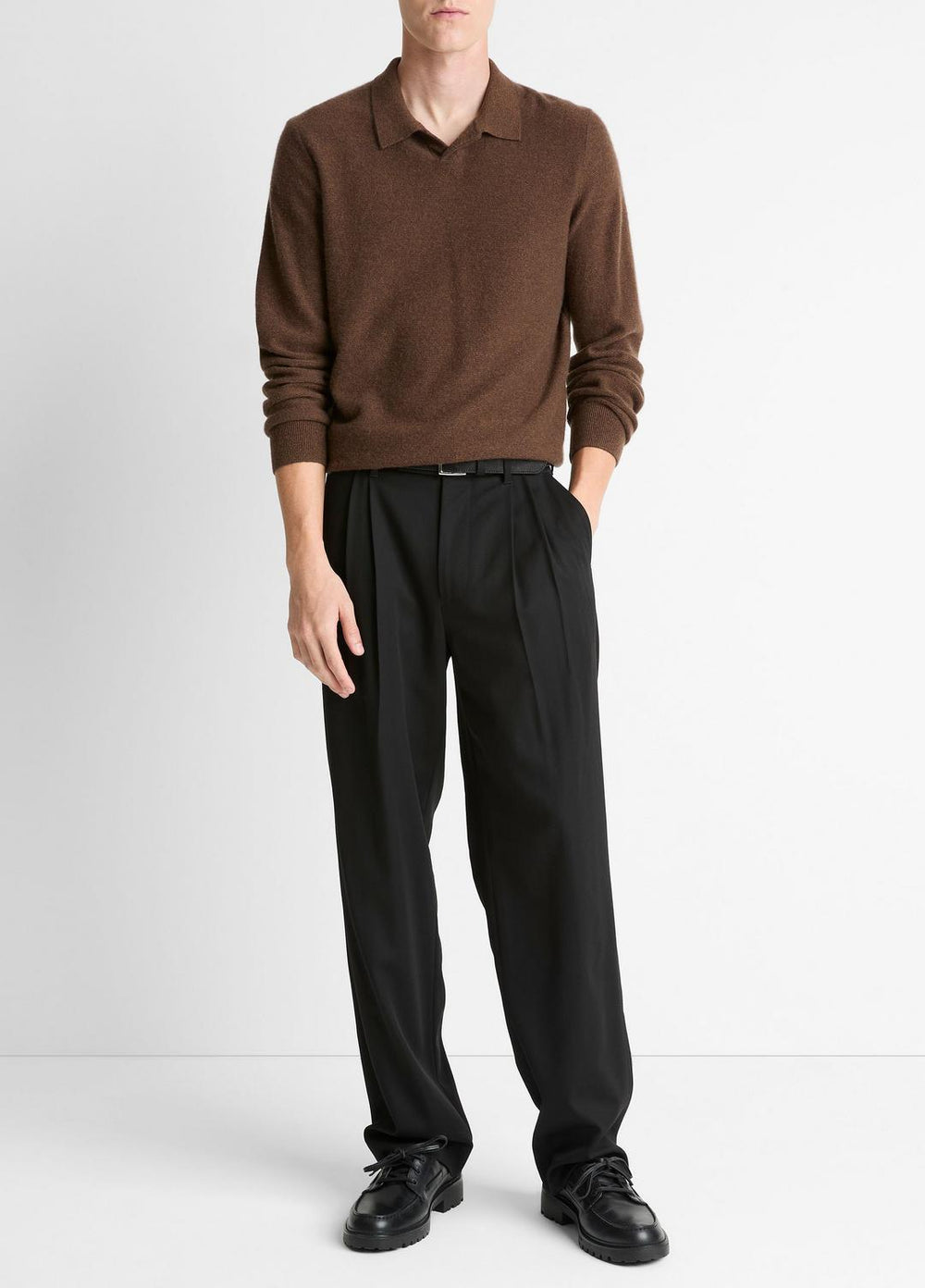 VINCE | Feed Stripe Plush Cashmere Johnny-Collar Sweater in Cashmere - MISSION/DARK HEATHER BEARPAW