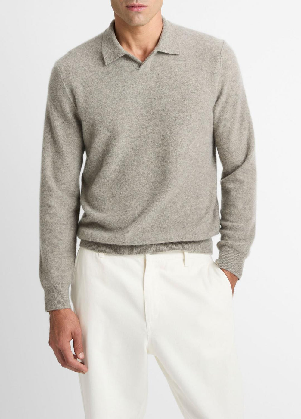VINCE | Plush Cashmere Johnny-Collar Polo in Cashmere - HEATHER MOUSE