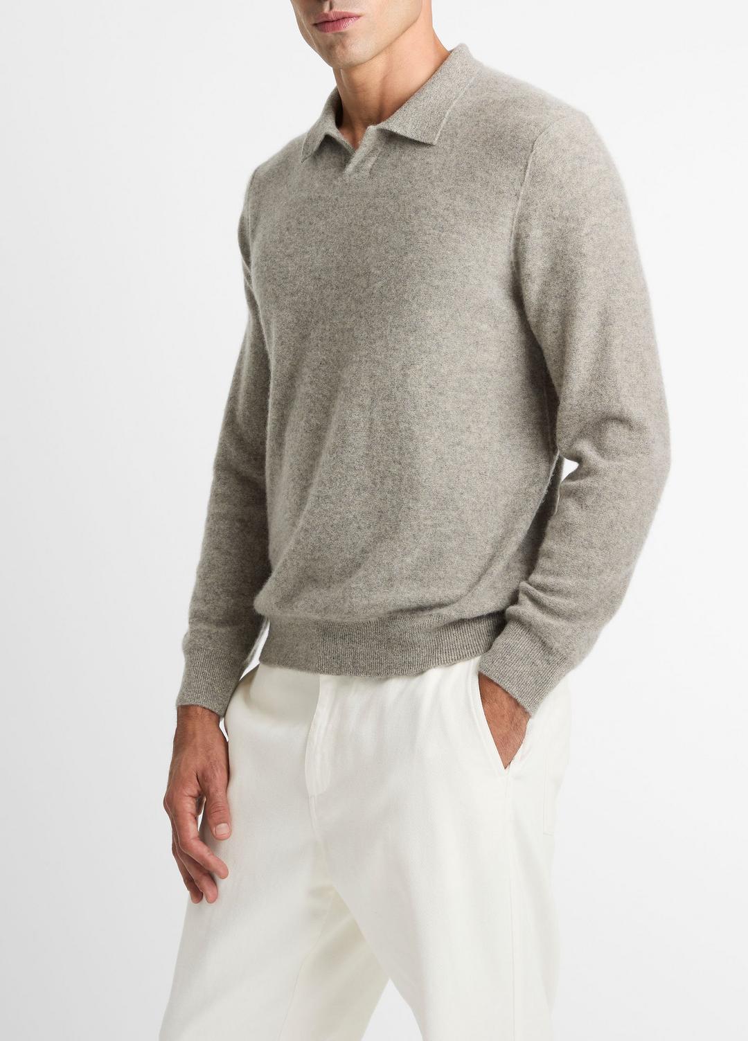 VINCE | Plush Cashmere Johnny-Collar Polo in Cashmere - HEATHER MOUSE