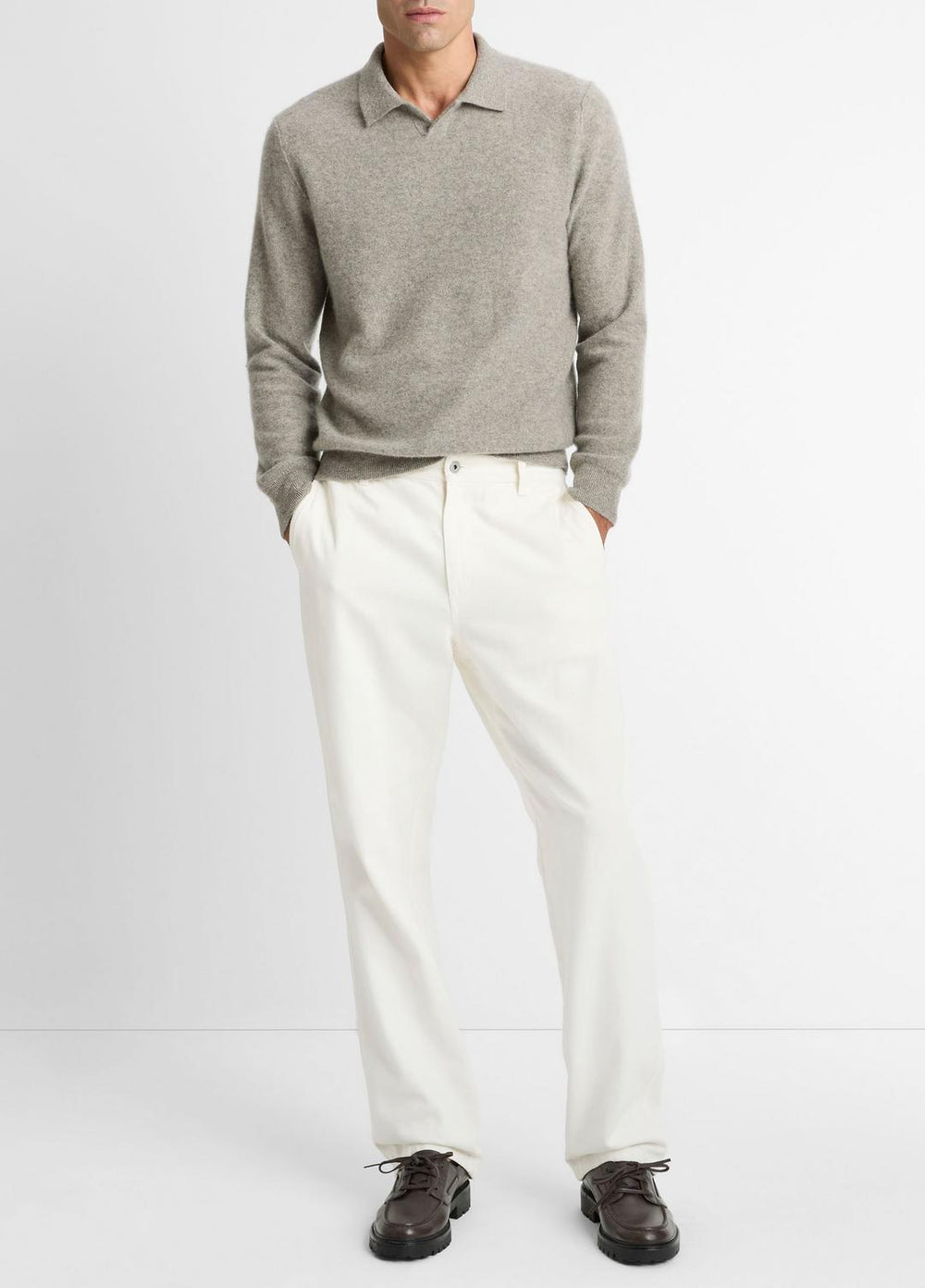 VINCE | Plush Cashmere Johnny-Collar Polo in Cashmere - HEATHER MOUSE