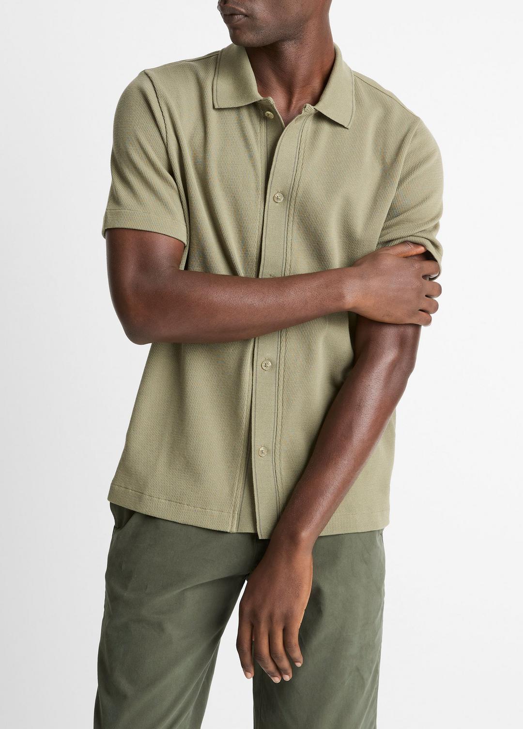 VINCE | Jacquard-Knit Cotton Short-Sleeve Button-Front Shirt in Short Sleeve - SAGE/SYCAMORE