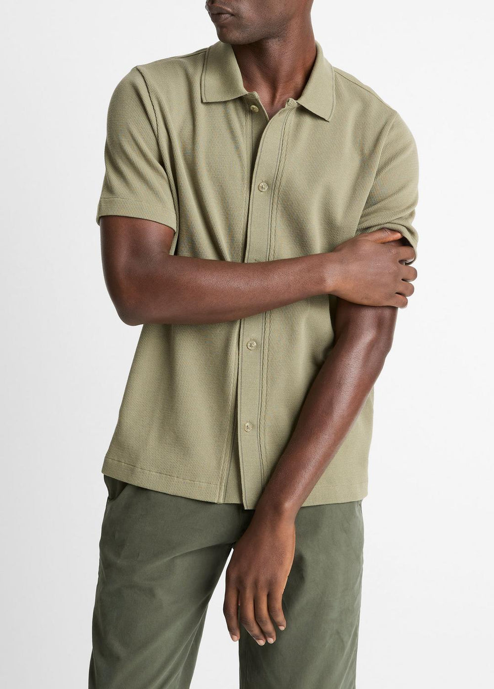 VINCE | Jacquard-Knit Cotton Short-Sleeve Button-Front Shirt in Short Sleeve - SAGE/SYCAMORE