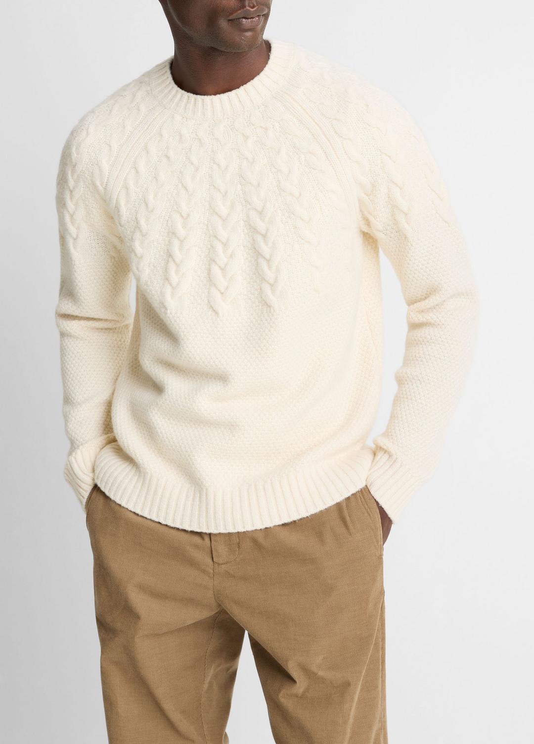 VINCE | Airspun Merino Wool Cable-Yoke Sweater in Crew Neck - LIGHT DUNE