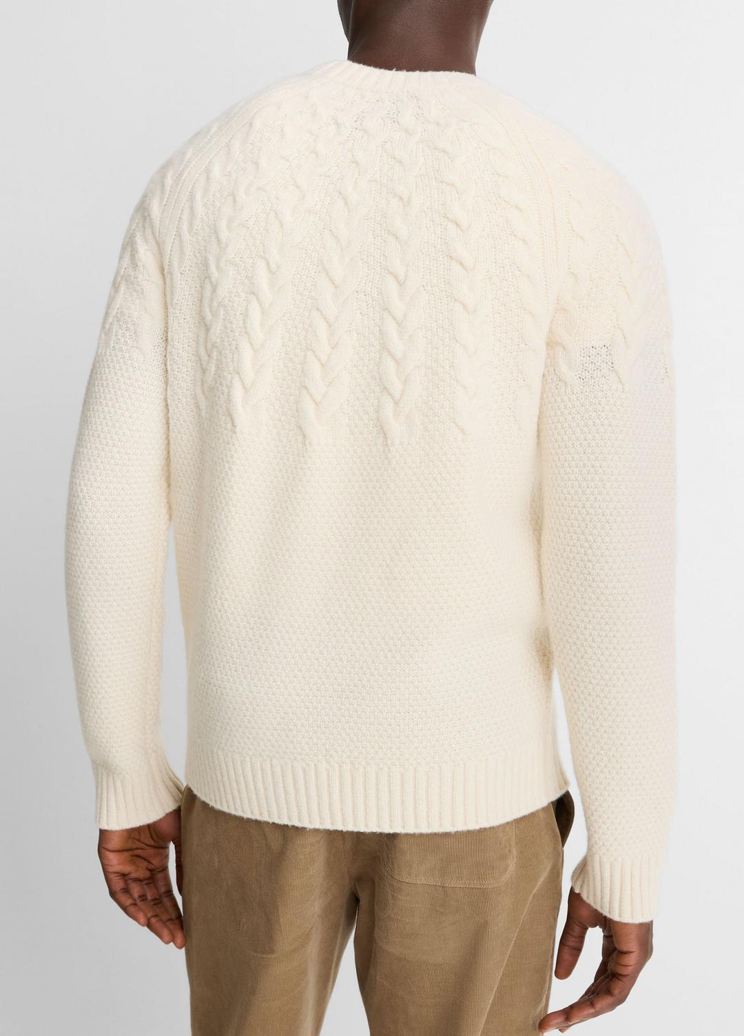 VINCE | Airspun Merino Wool Cable-Yoke Sweater in Crew Neck - LIGHT DUNE