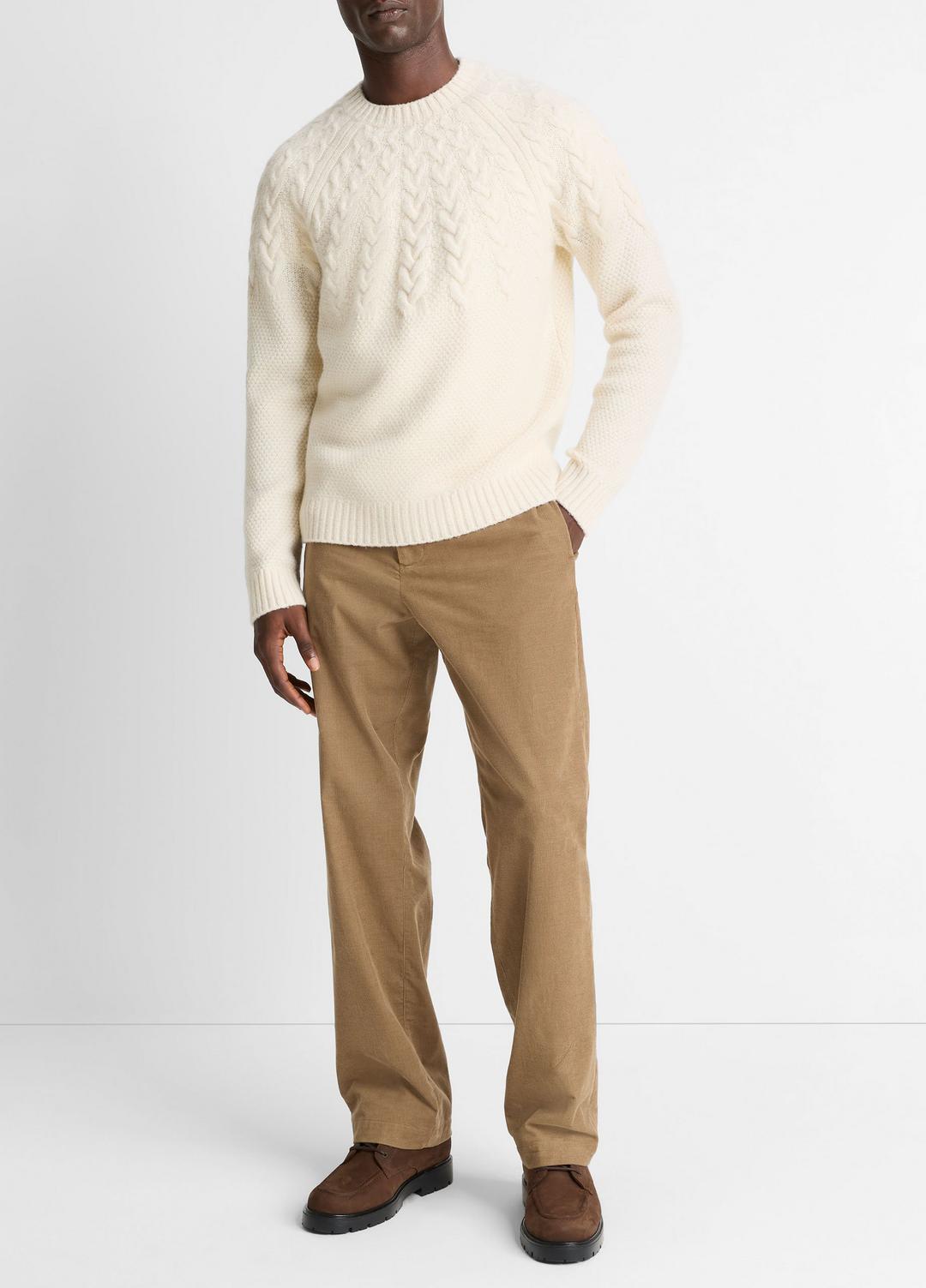 VINCE | Airspun Merino Wool Cable-Yoke Sweater in Crew Neck - LIGHT DUNE