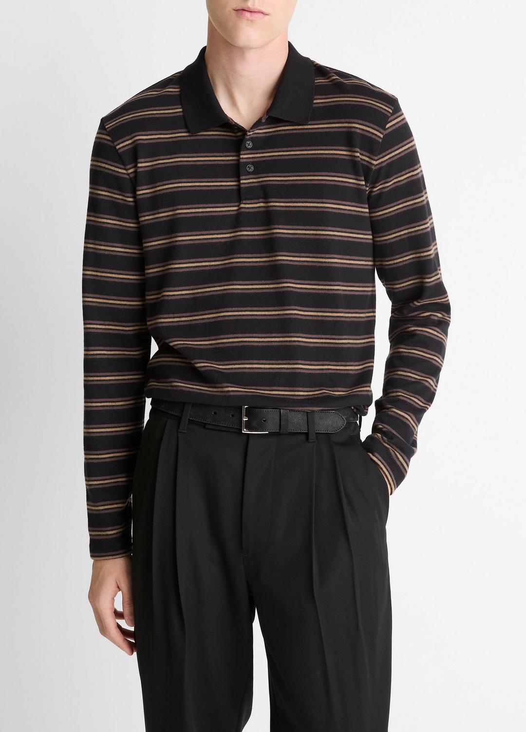 VINCE | Striped Cotton-Blend Long-Sleeve Polo Shirt in Henleys & Polos - BLACK COMBO
