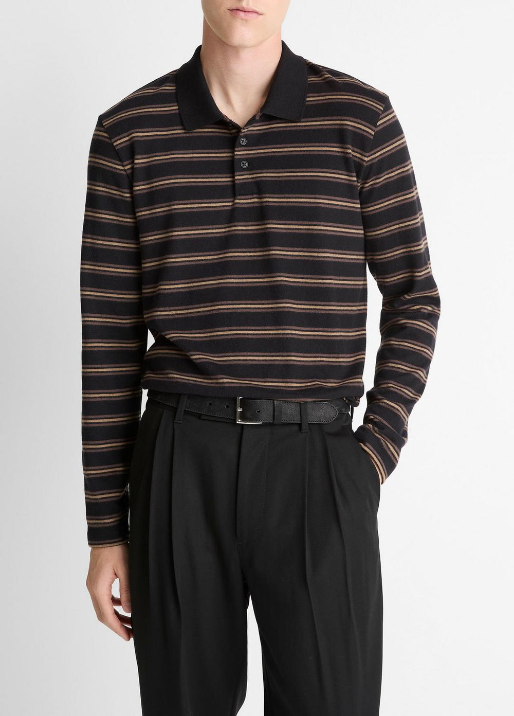VINCE | Striped Cotton-Blend Long-Sleeve Polo Shirt in Henleys & Polos - BLACK COMBO