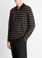 VINCE | Striped Cotton-Blend Long-Sleeve Polo Shirt in Henleys & Polos - BLACK COMBO