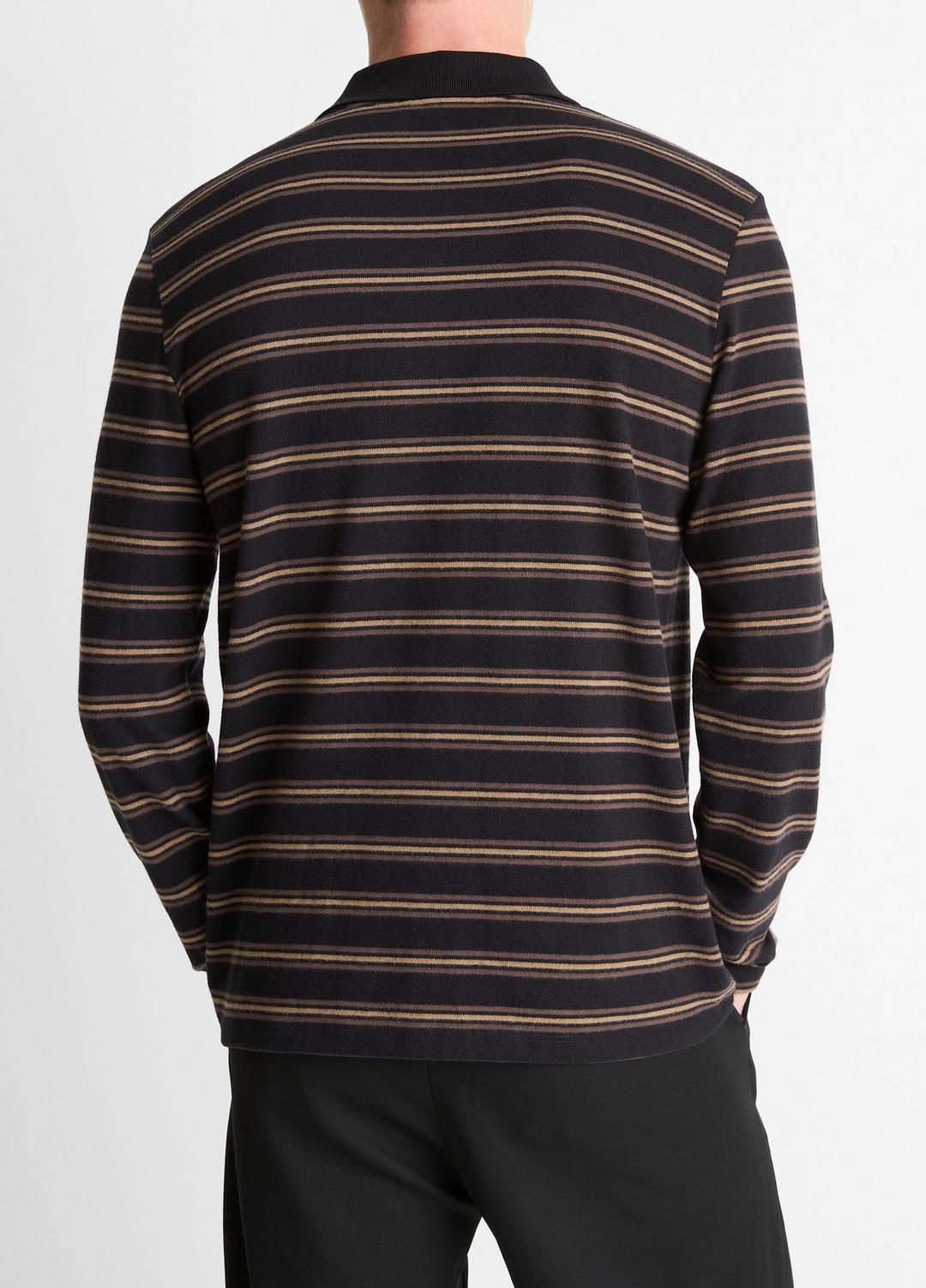 VINCE | Striped Cotton-Blend Long-Sleeve Polo Shirt in Henleys & Polos - BLACK COMBO