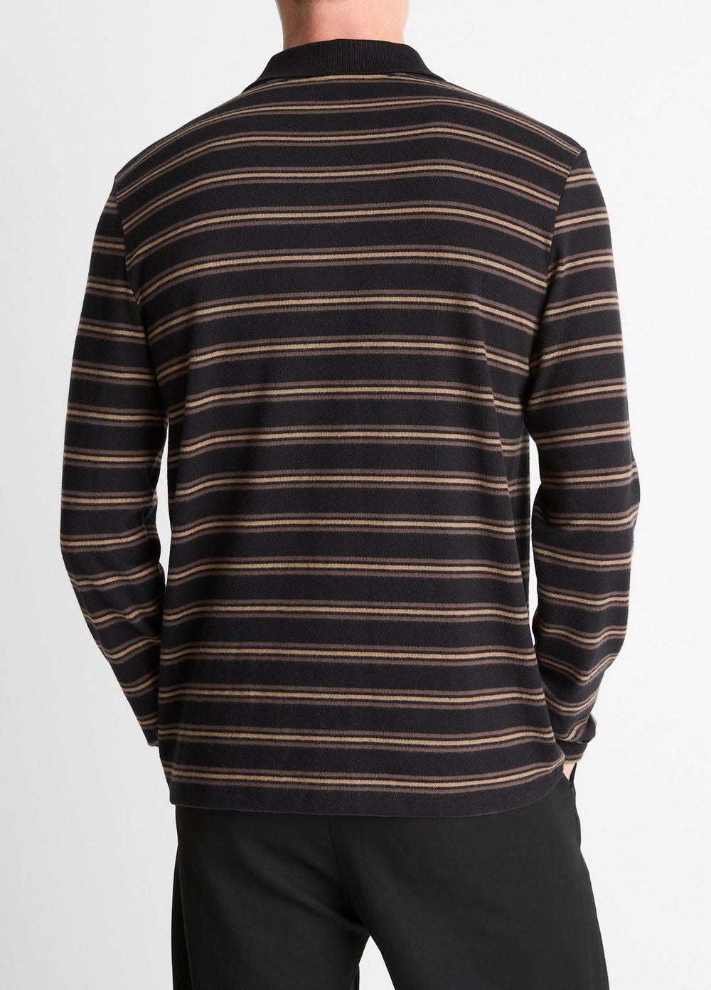 VINCE | Striped Cotton-Blend Long-Sleeve Polo Shirt in Henleys & Polos - BLACK COMBO