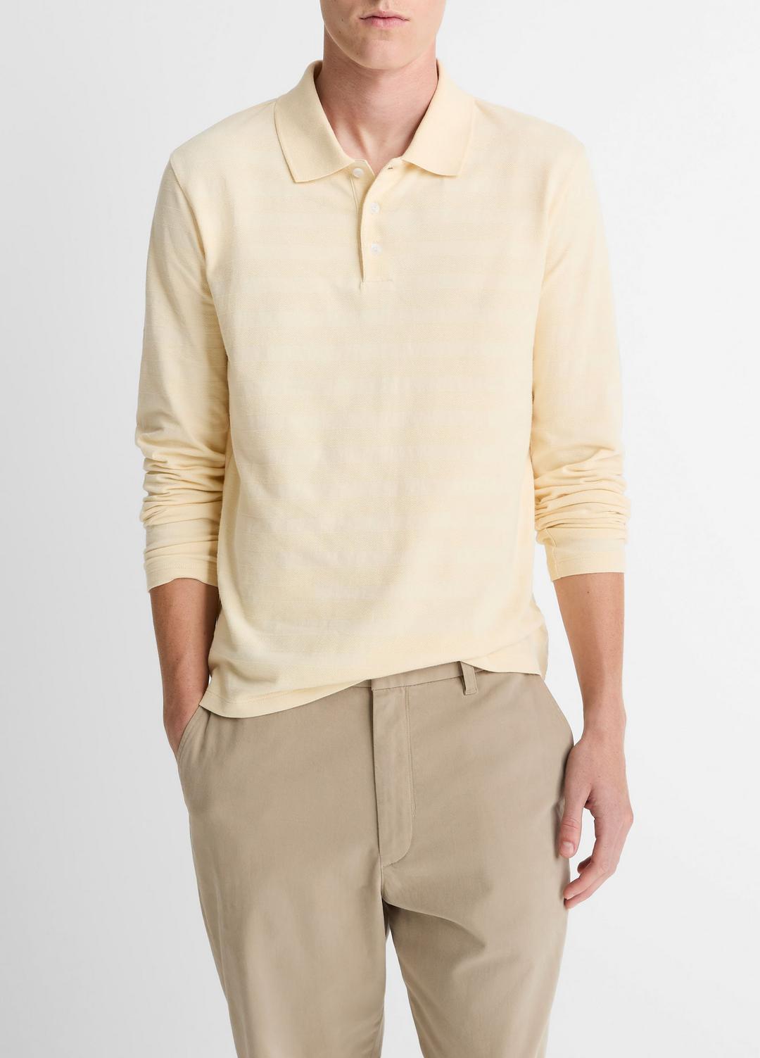 VINCE | Jacquard-Stripe Cotton Long-Sleeve Polo Shirt in Long Sleeve - MEADOWLARK