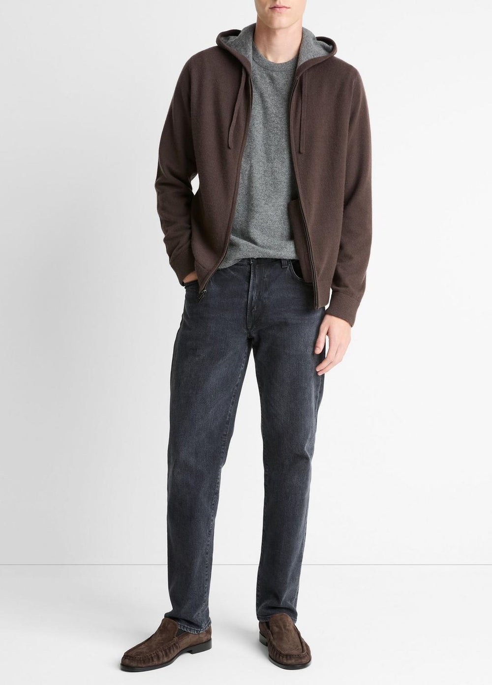 VINCE | Cashmere Zip-Front Hoodie in Sweatshirts & Hoodies - MISSION/MEDIUM HEATHER GREY