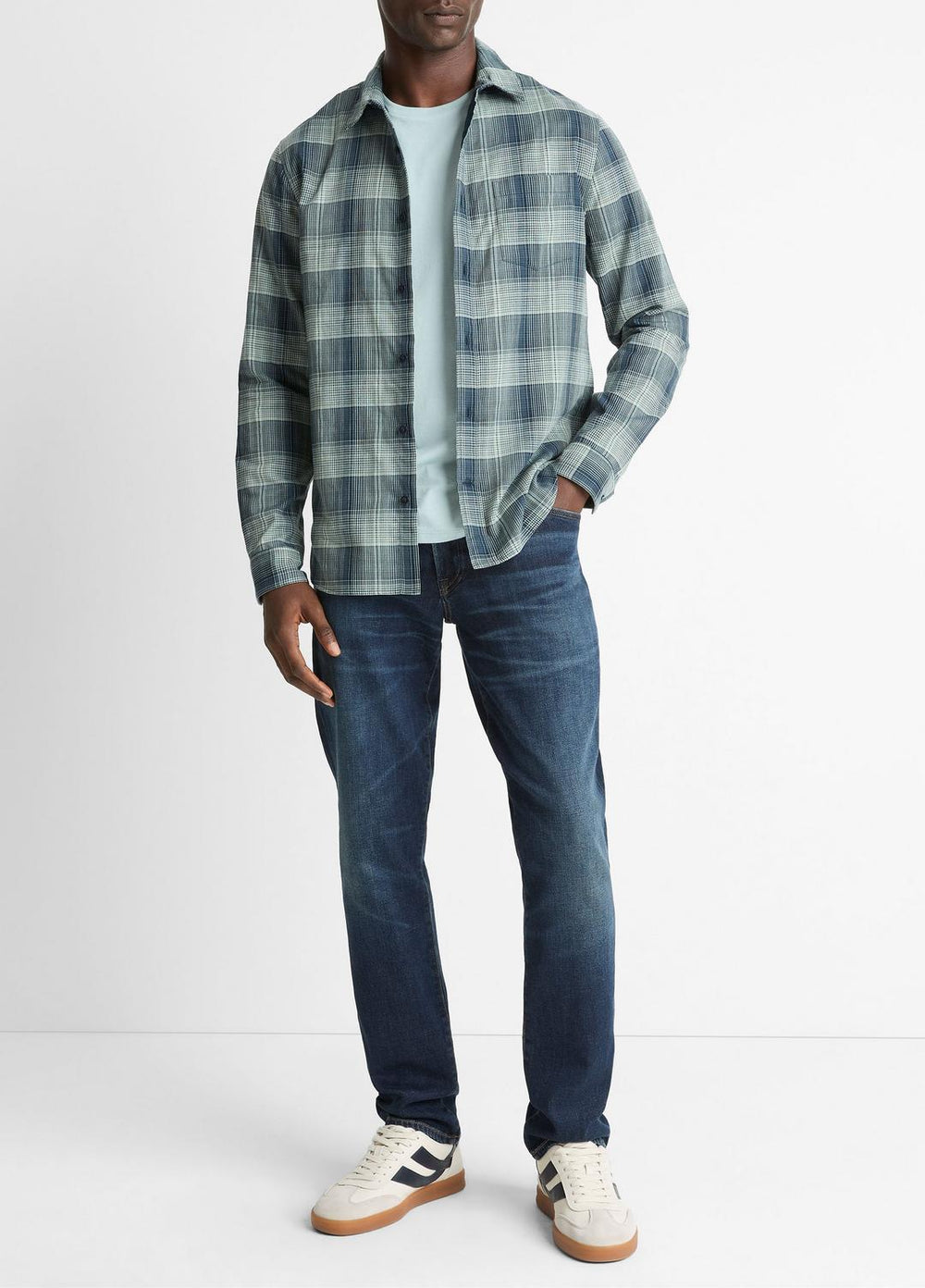 VINCE | Big Sky Plaid Cotton Button-Front Shirt in Long Sleeve - RAPIDS COMBO