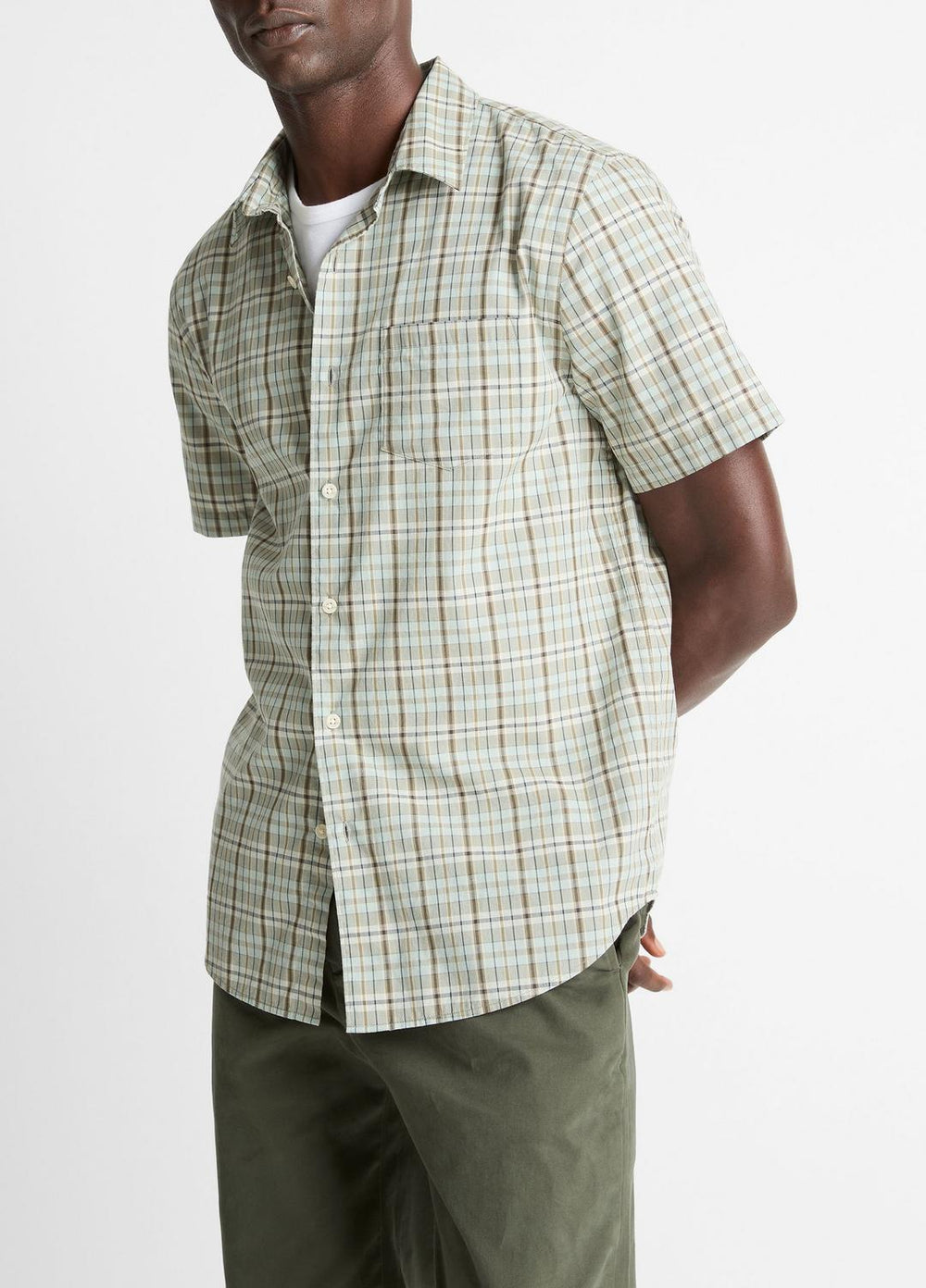VINCE | Polson Plaid Cotton Short-Sleeve Button-Front Shirt in Short Sleeve - SEAFOAM COMBO