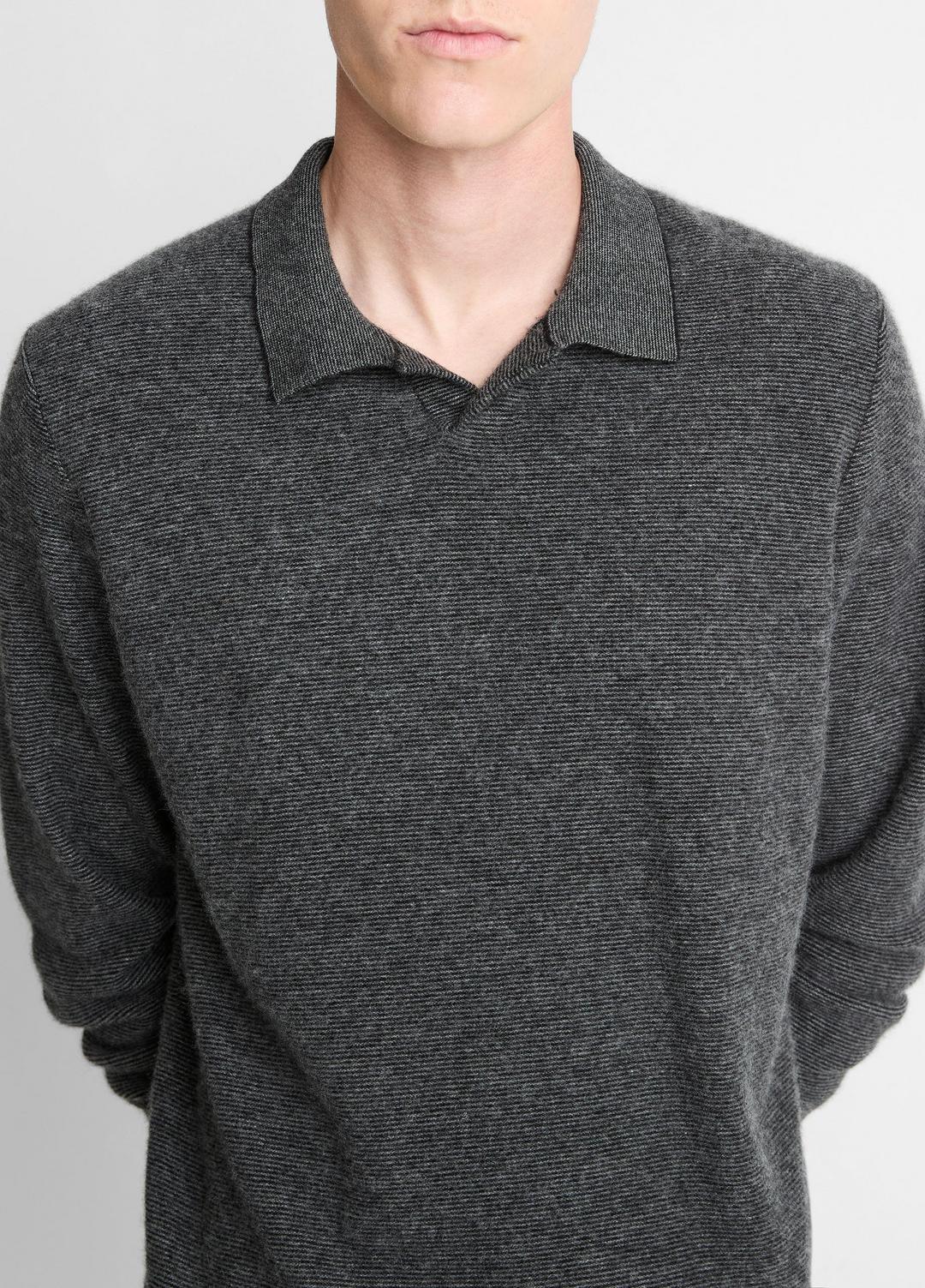 VINCE | Feed Stripe Plush Cashmere Johnny-Collar Sweater in Cashmere - BLACK/MEDIUM HEATHER GREY