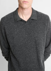 VINCE | Feed Stripe Plush Cashmere Johnny-Collar Sweater in Cashmere - BLACK/MEDIUM HEATHER GREY