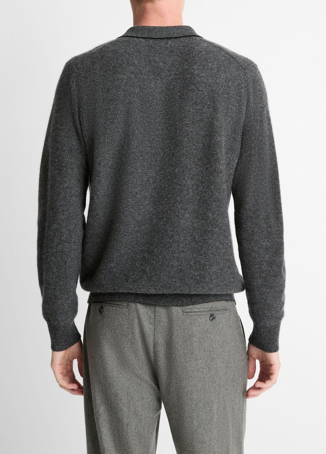 VINCE | Feed Stripe Plush Cashmere Johnny-Collar Sweater in Cashmere - BLACK/MEDIUM HEATHER GREY