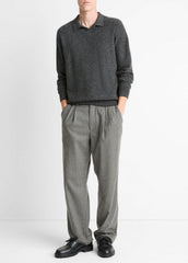 VINCE | Feed Stripe Plush Cashmere Johnny-Collar Sweater in Cashmere - BLACK/MEDIUM HEATHER GREY