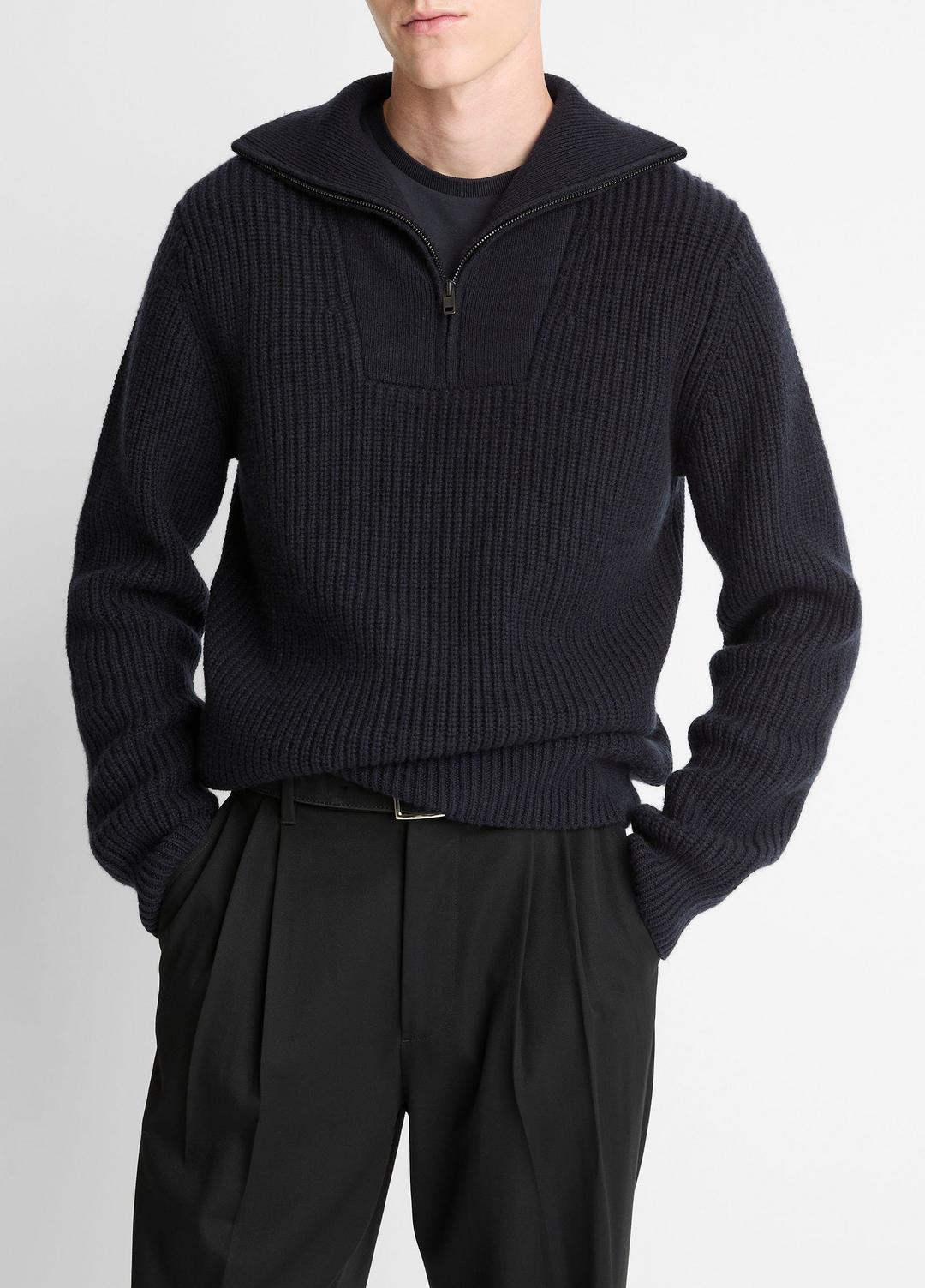 VINCE | Heirloom Shaker Wool-Cashmere Quarter-Zip Sweater in Quarter Zip - COASTAL BLUE
