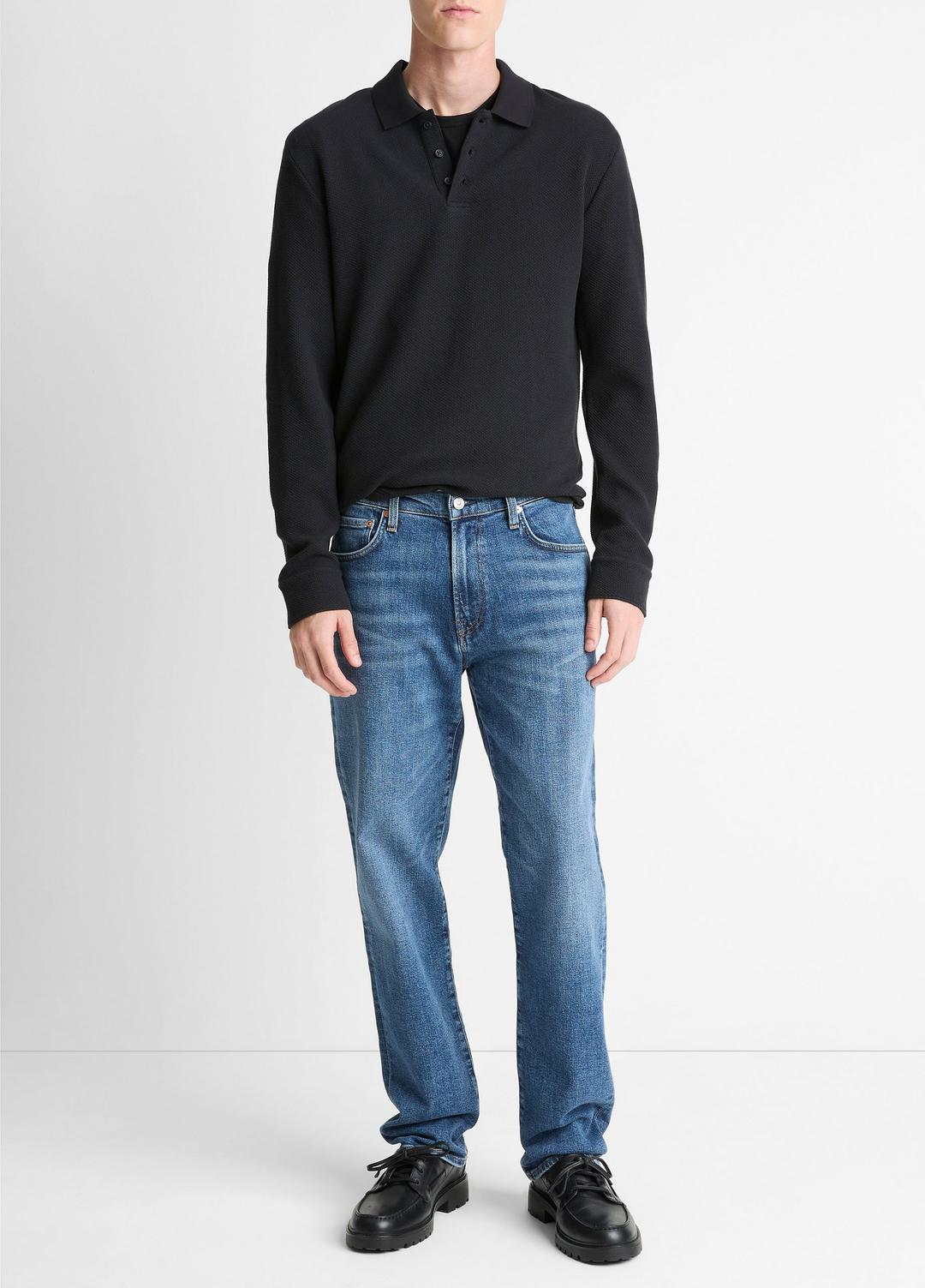 VINCE | Basket-Weave Cotton Long-Sleeve Polo Shirt in Henleys & Polos - COASTAL BLUE