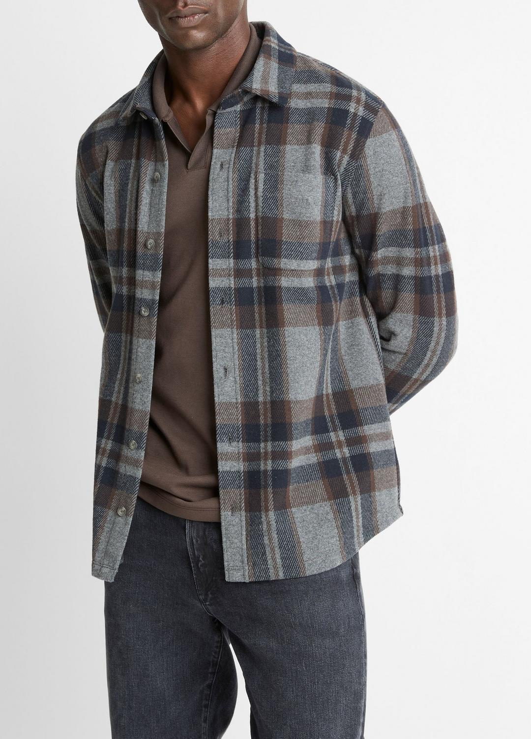 VINCE | Plaid Cotton-Blend Shirt Jacket in Shirt Jackets - MEDIUM HEATHER GREY COMBO
