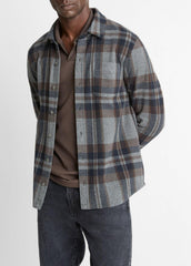 VINCE | Plaid Cotton-Blend Shirt Jacket in Shirt Jackets - MEDIUM HEATHER GREY COMBO