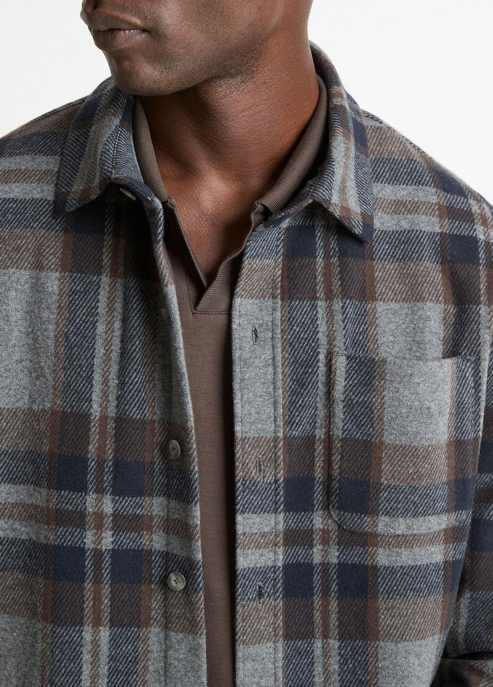 VINCE | Plaid Cotton-Blend Shirt Jacket in Shirt Jackets - MEDIUM HEATHER GREY COMBO