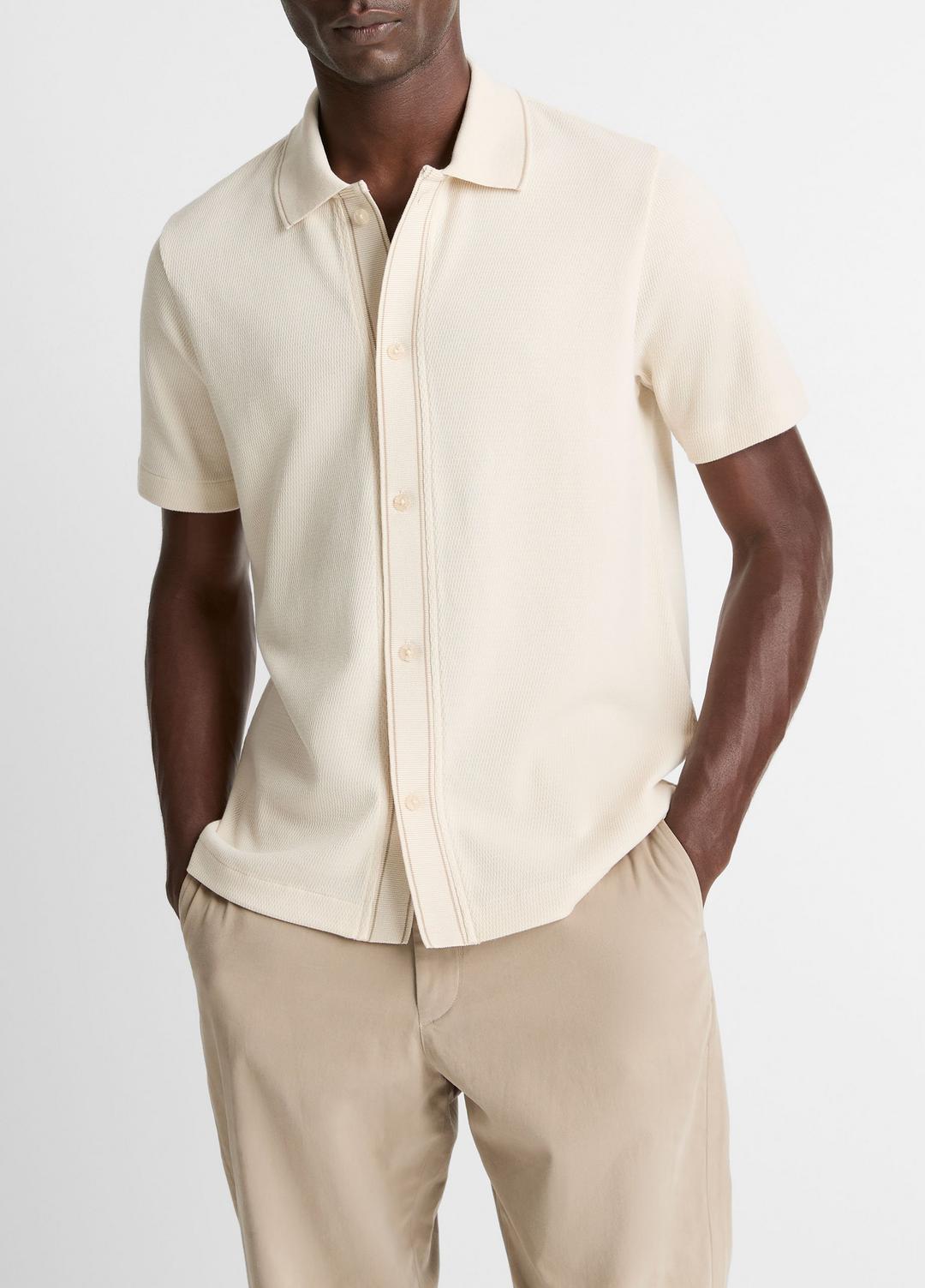VINCE | Jacquard-Knit Cotton Short-Sleeve Button-Front Shirt in Short Sleeve - BONE/RIVER SAND